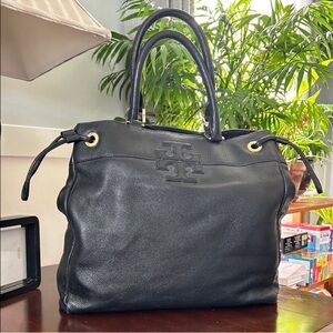 Tory Burch Black Leather Tote with Gold Accents
